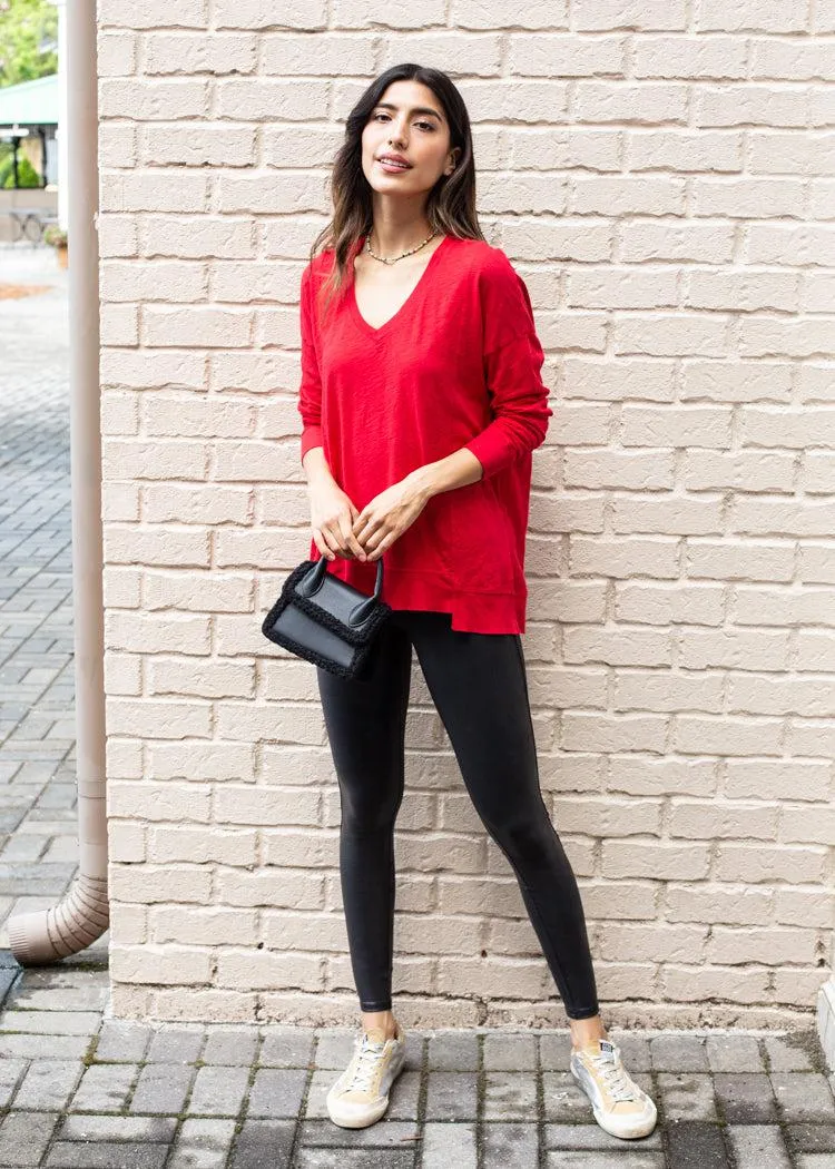 Bobi Princess Seam Long Sleeve V Neck Tee- Red Hot ***FINAL SALE***