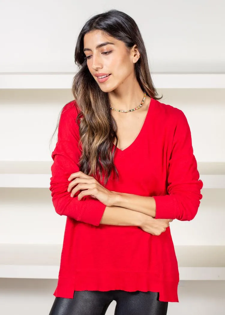 Bobi Princess Seam Long Sleeve V Neck Tee- Red Hot ***FINAL SALE***