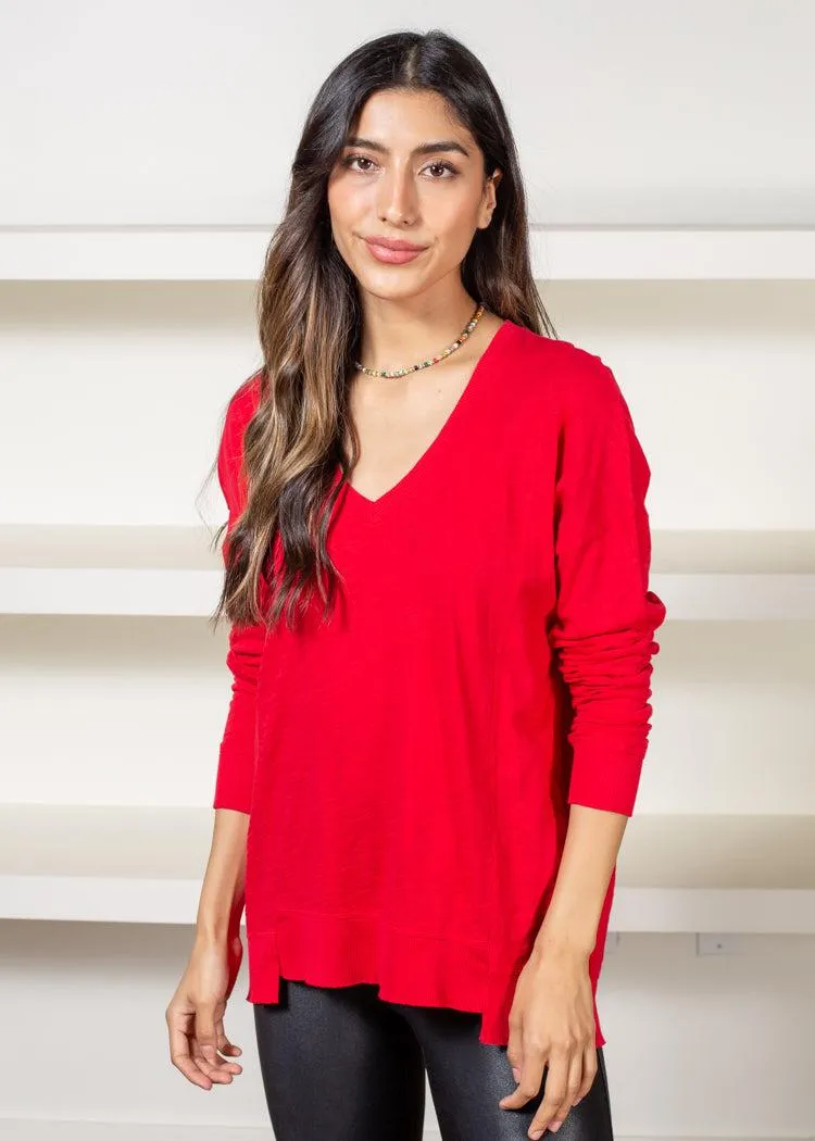 Bobi Princess Seam Long Sleeve V Neck Tee- Red Hot ***FINAL SALE***