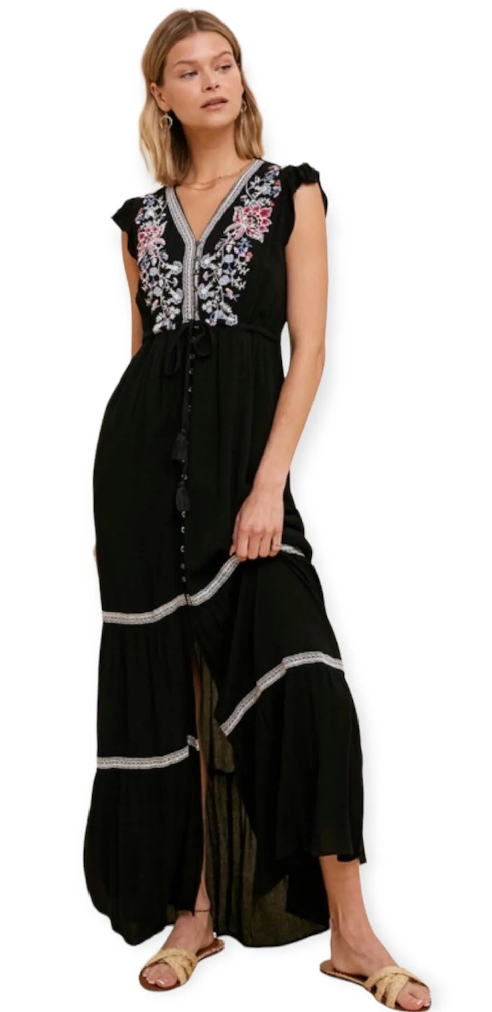 Bohemian Embroidered Maxi Dress- Black