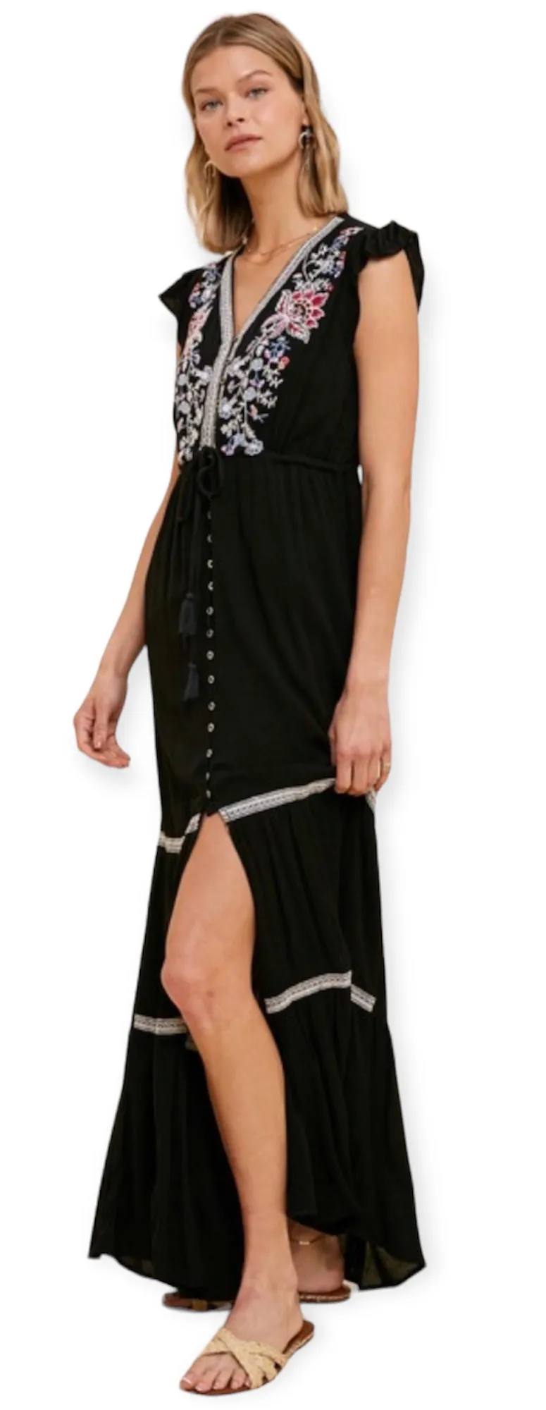 Bohemian Embroidered Maxi Dress- Black