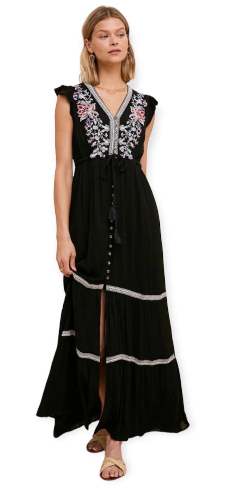 Bohemian Embroidered Maxi Dress- Black