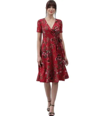 Bollyclues Maroon Floral Crepe Midi Dress