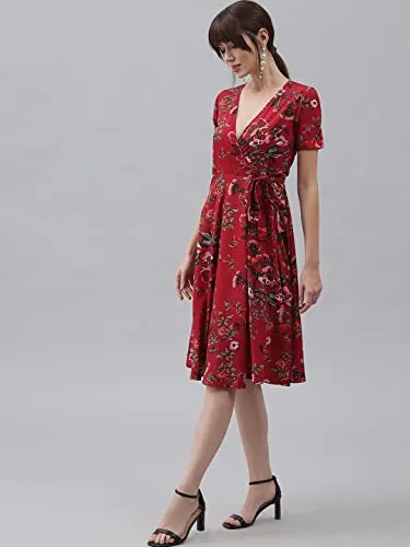 Bollyclues Maroon Floral Crepe Midi Dress