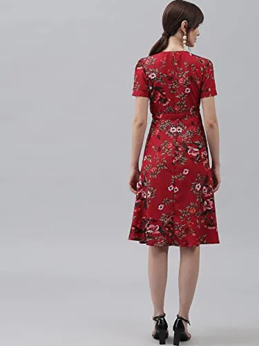 Bollyclues Maroon Floral Crepe Midi Dress