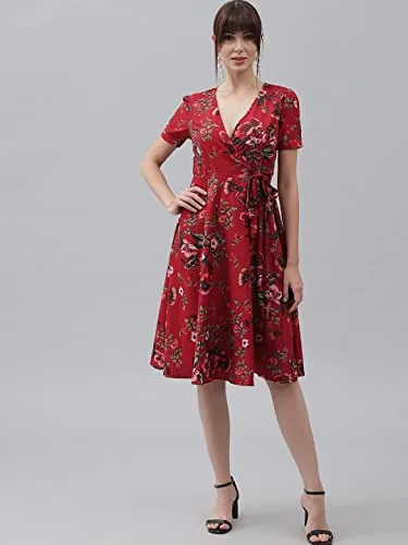 Bollyclues Maroon Floral Crepe Midi Dress