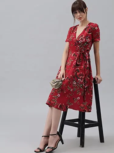 Bollyclues Maroon Floral Crepe Midi Dress