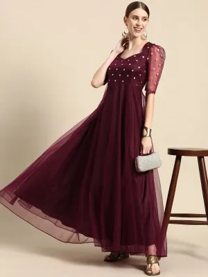 Burgundy Ethnic Motifs Embroidered Net Maxi Dress