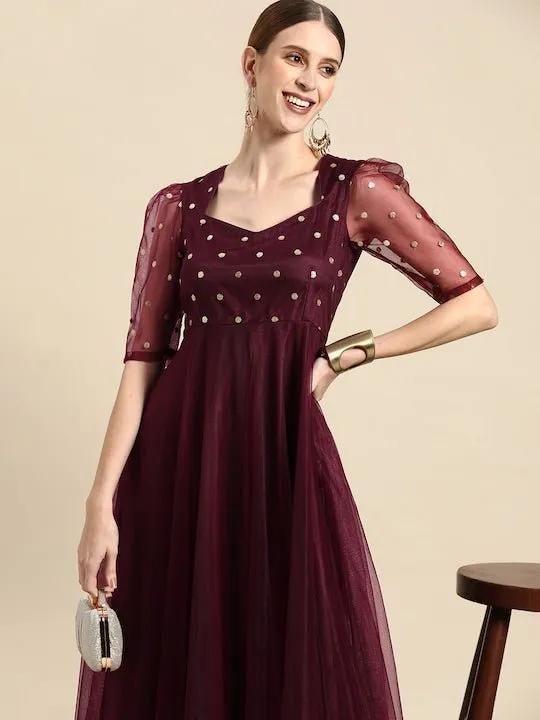 Burgundy Ethnic Motifs Embroidered Net Maxi Dress