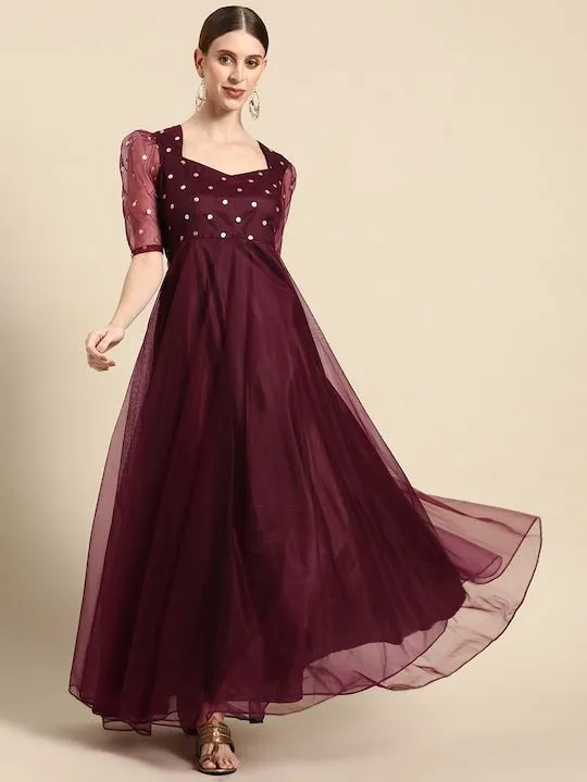 Burgundy Ethnic Motifs Embroidered Net Maxi Dress