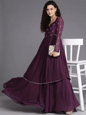 Burgundy Zari Embroidered Georgette Ethnic Gown