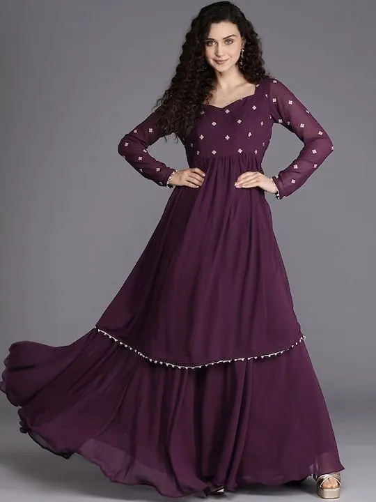 Burgundy Zari Embroidered Georgette Ethnic Gown