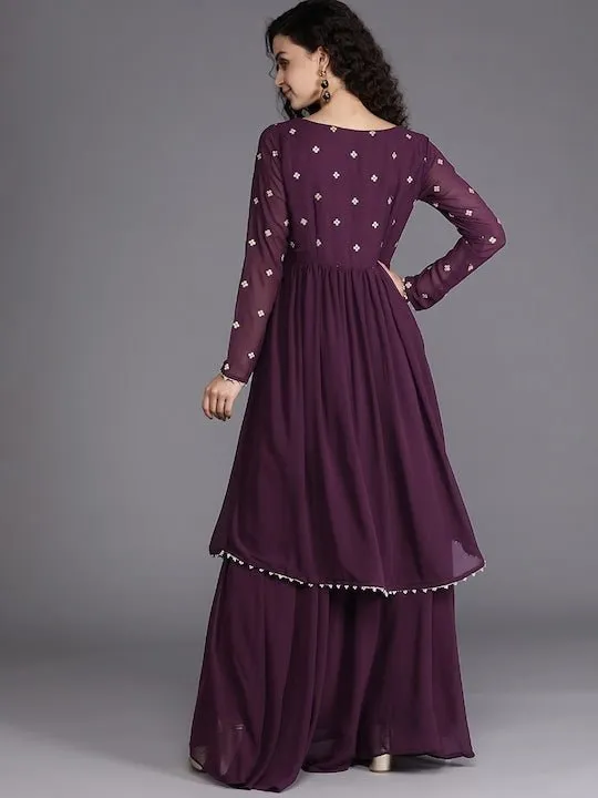 Burgundy Zari Embroidered Georgette Ethnic Gown