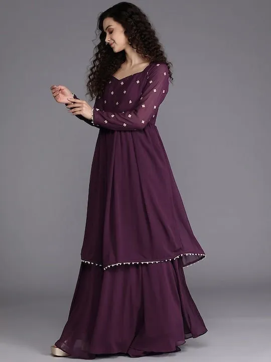 Burgundy Zari Embroidered Georgette Ethnic Gown