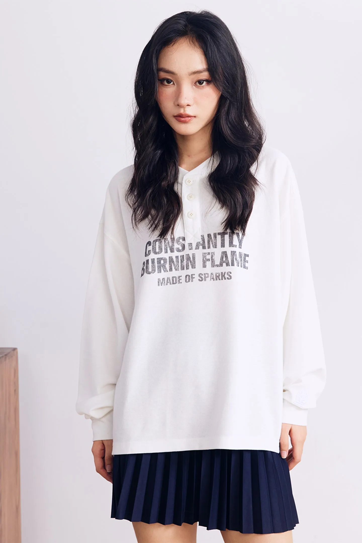 BURNIN*97'Series Worn Slogan Waffle Henley Collar Long Sleeve T-shirt