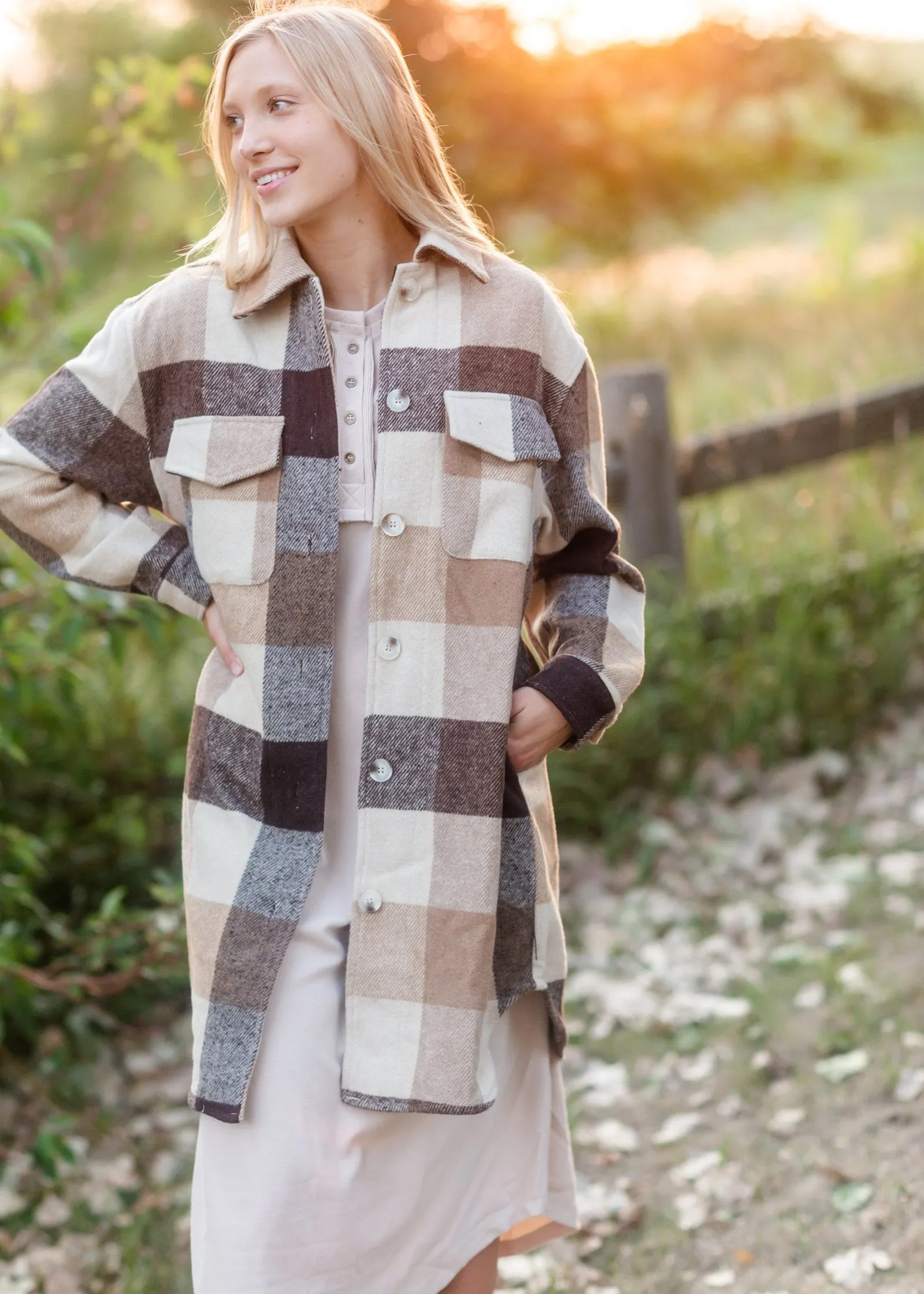 Camel Plaid Button Front Shacket