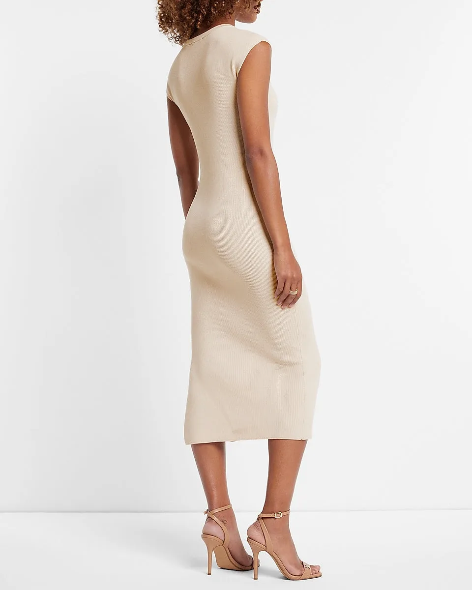 Cap Sleeve Ribbed Sheath Maxi Sweater Dress in Sandshell