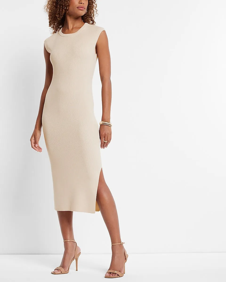 Cap Sleeve Ribbed Sheath Maxi Sweater Dress in Sandshell