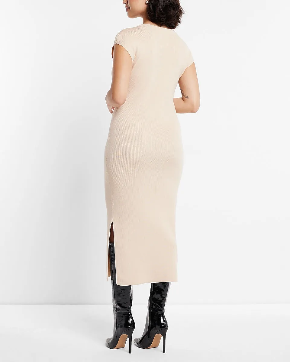 Cap Sleeve Ribbed Sheath Maxi Sweater Dress in Sandshell