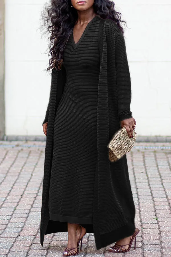 Casual V-Neck Textured Knit Dress & Kimono Set