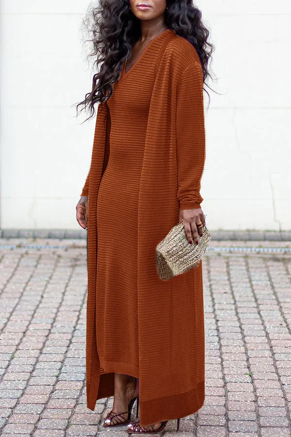 Casual V-Neck Textured Knit Dress & Kimono Set