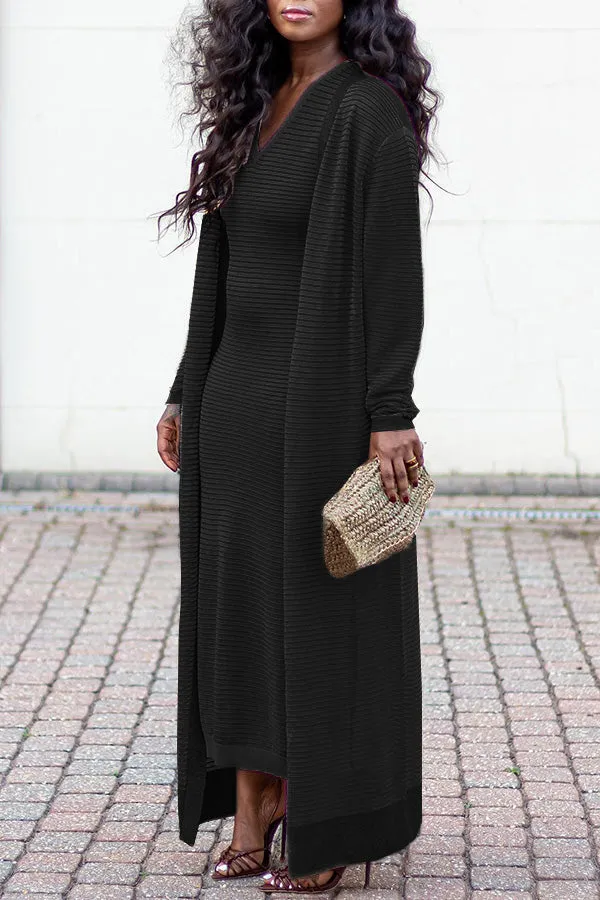 Casual V-Neck Textured Knit Dress & Kimono Set