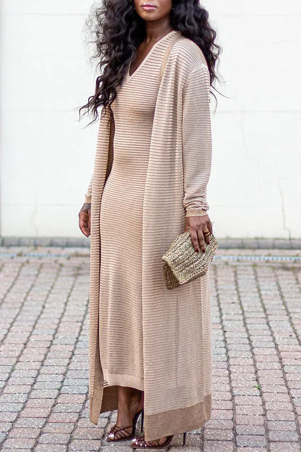 Casual V-Neck Textured Knit Dress & Kimono Set