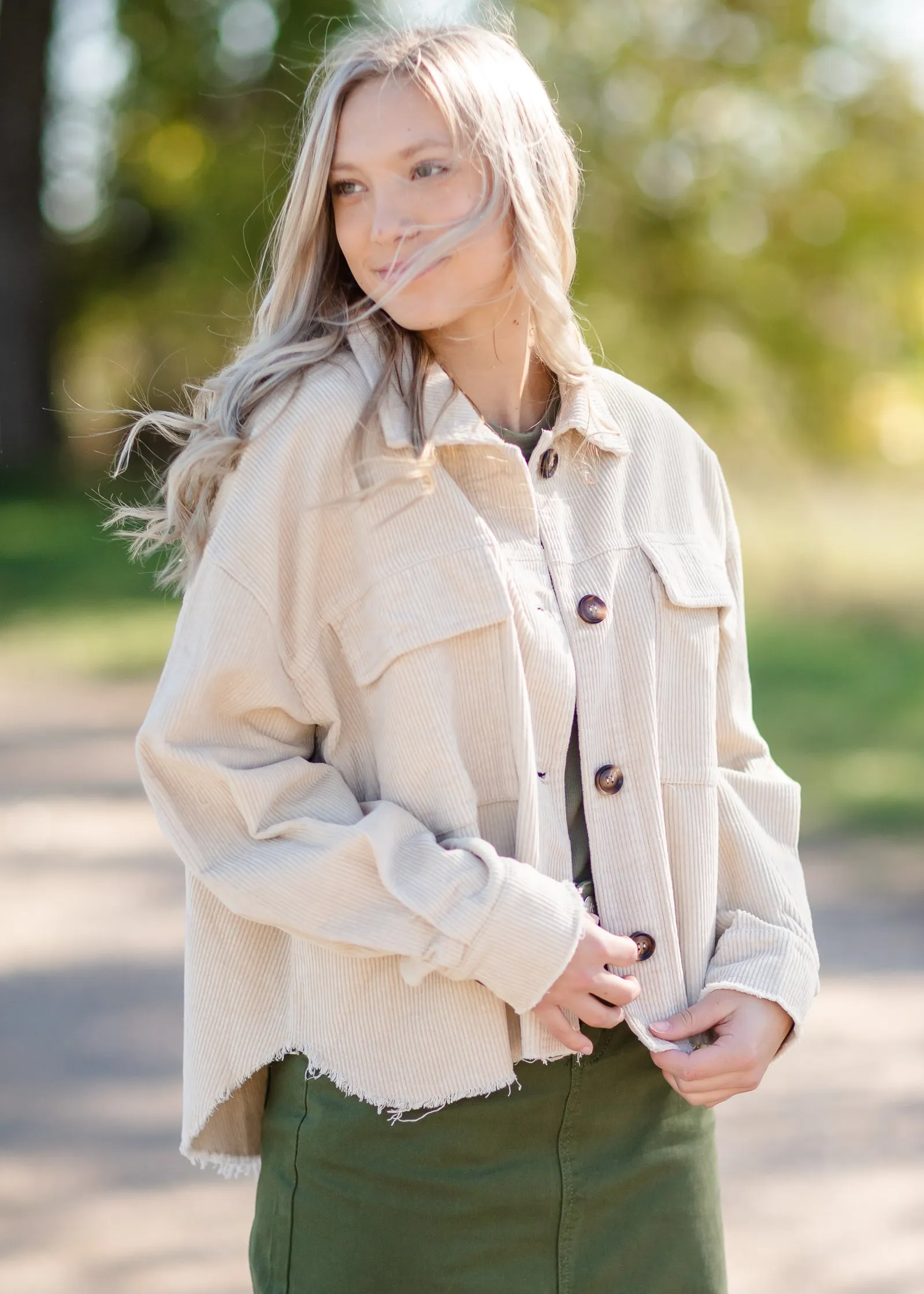 Corduroy Raw Hem Button Up Shacket