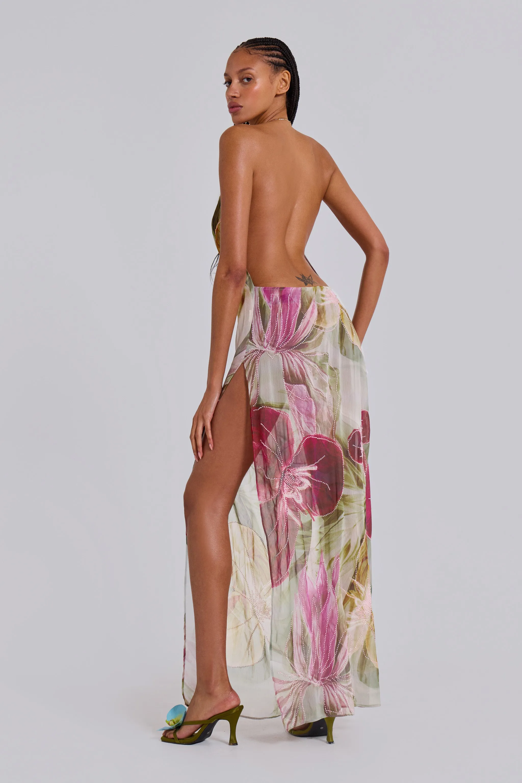 Dahlia Hand-Beaded Backless Chiffon Maxi Dress