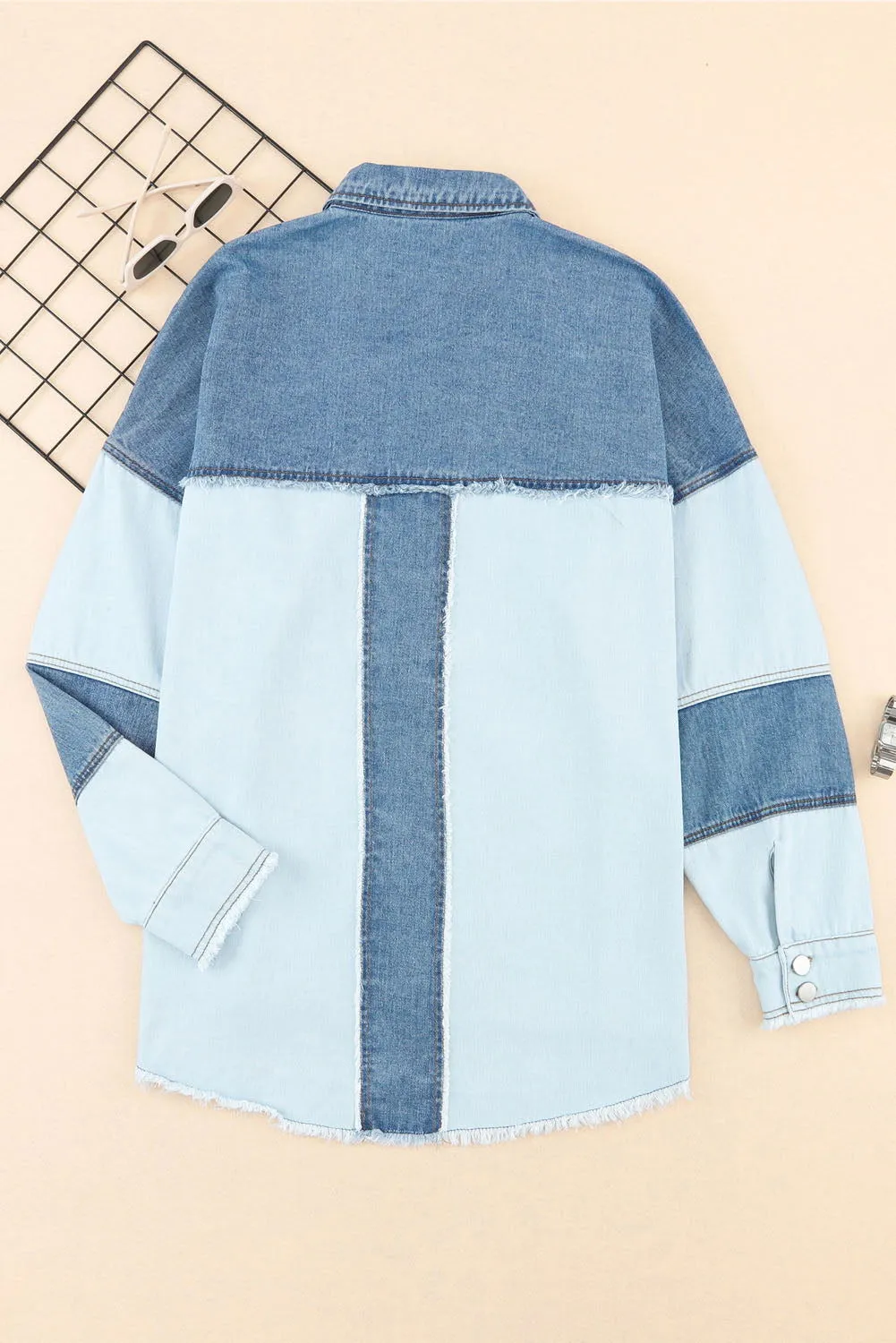 Dark Blue Patchwork Raw Hem Oversized Denim Shacket