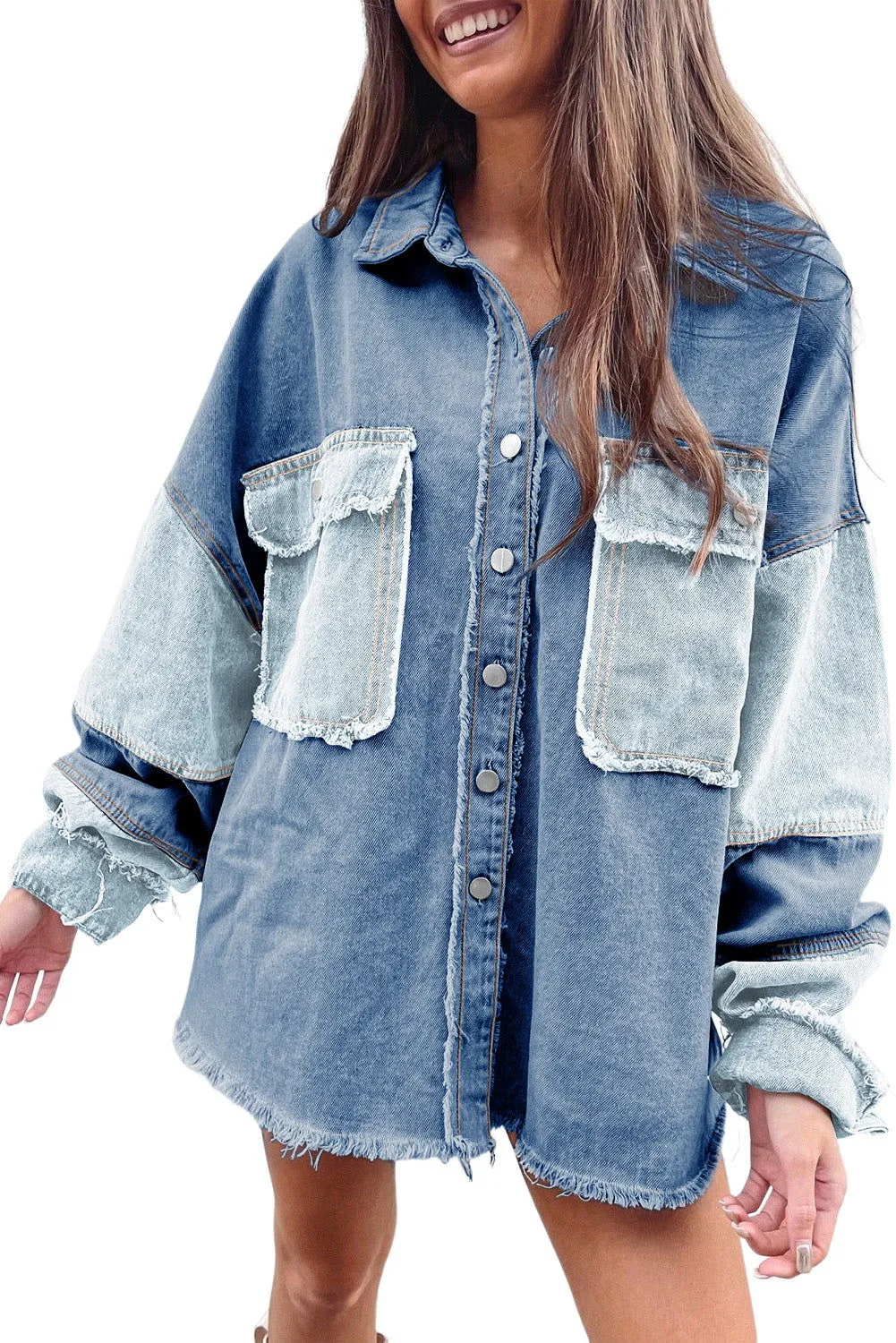 Dark Blue Patchwork Raw Hem Oversized Denim Shacket