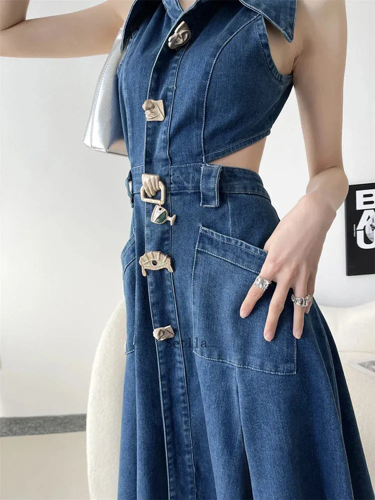 Denim Maxi Dress with Hollow Out Detail