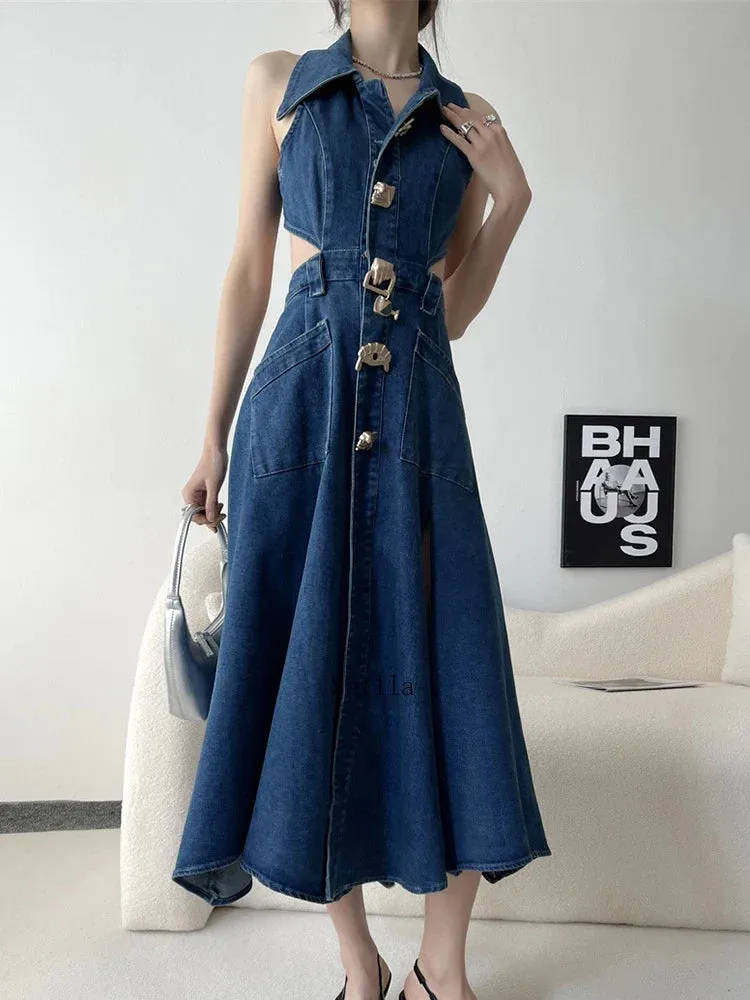 Denim Maxi Dress with Hollow Out Detail