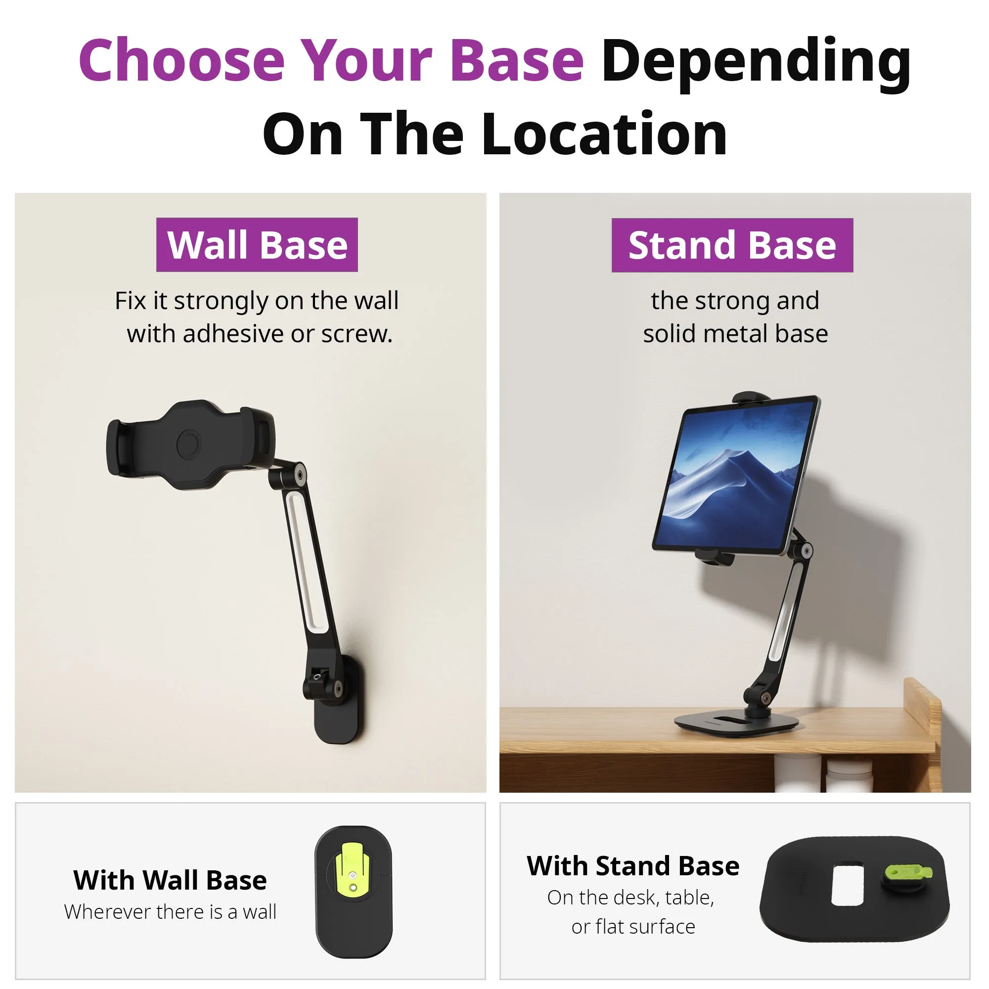 Easy Mount - Detachable Tablet & Cell Phone Holder (Long Arm / Stand Base   Wall Base)