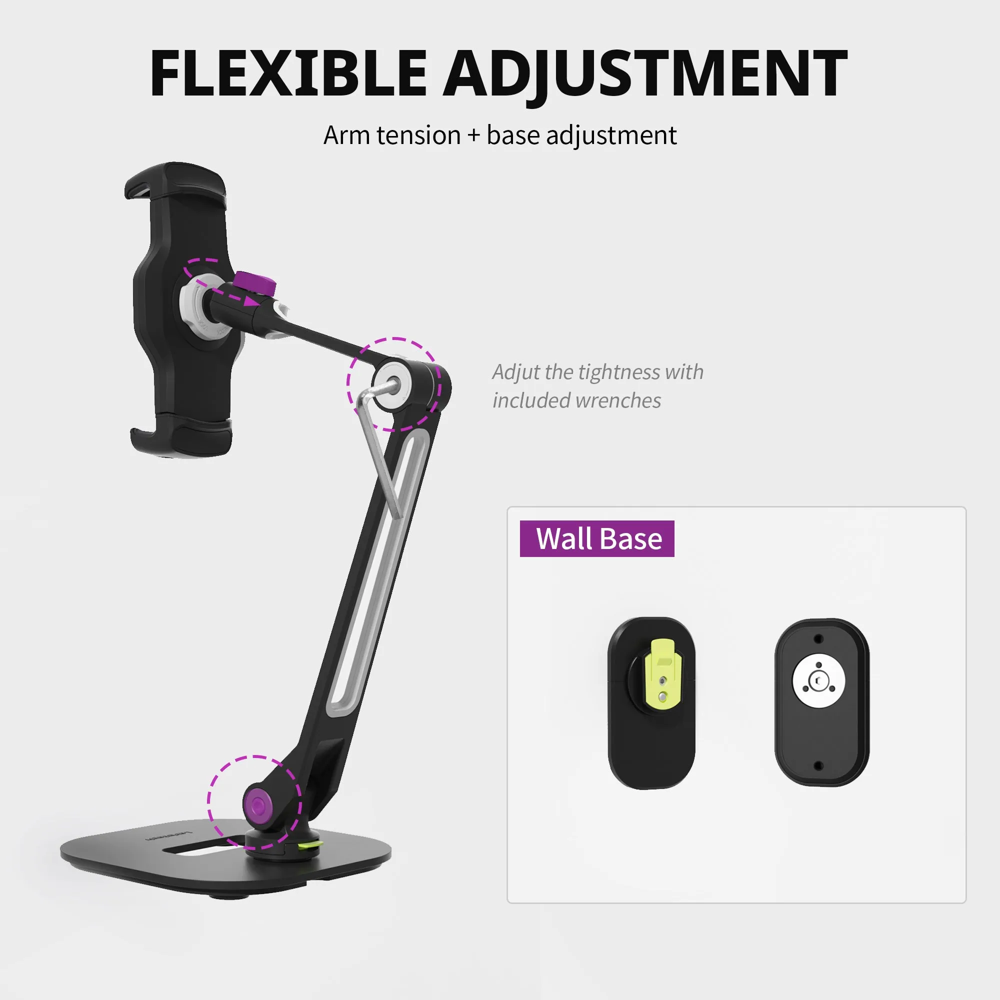 Easy Mount - Detachable Tablet & Cell Phone Holder (Long Arm / Stand Base   Wall Base)