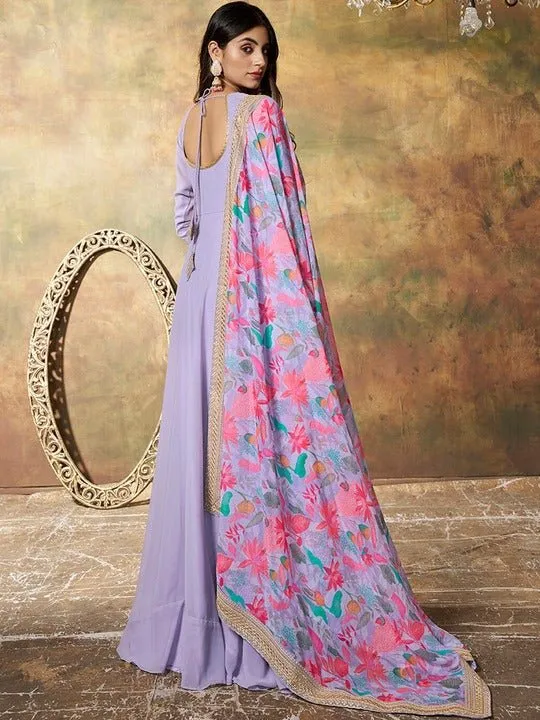 Embroidered Georgette Maxi Gown Ethnic Dress With Floral Printed Dupatta