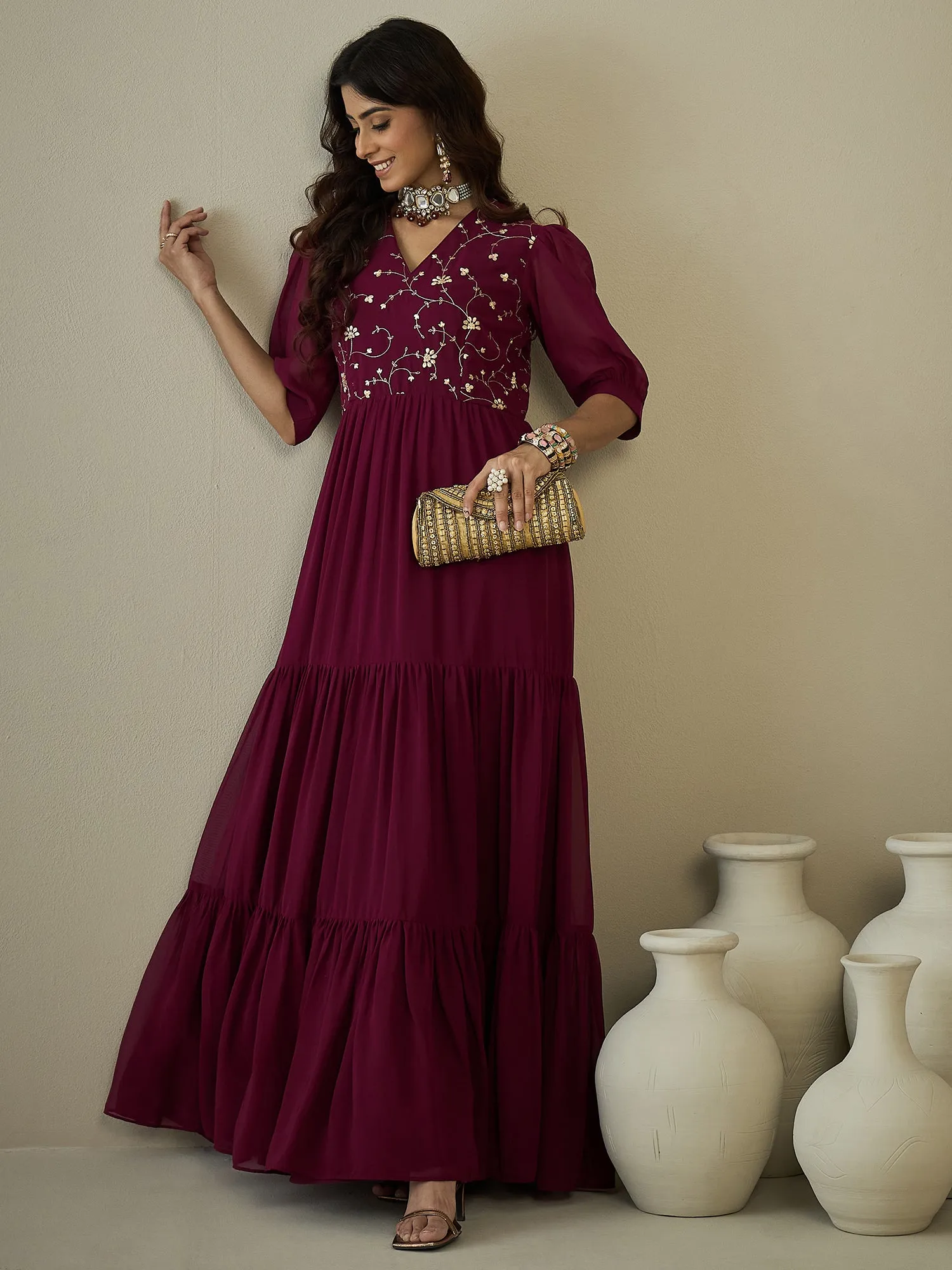 Embroidered Sequinned Tiered Maxi Ethnic Dresses