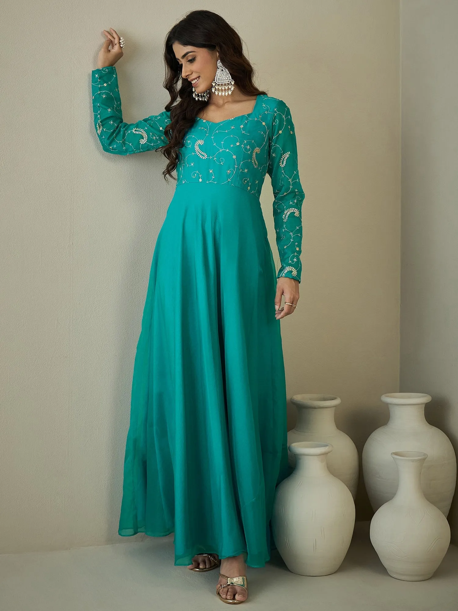 Embroidered Sweetheart Neck Ethnic Maxi Dress