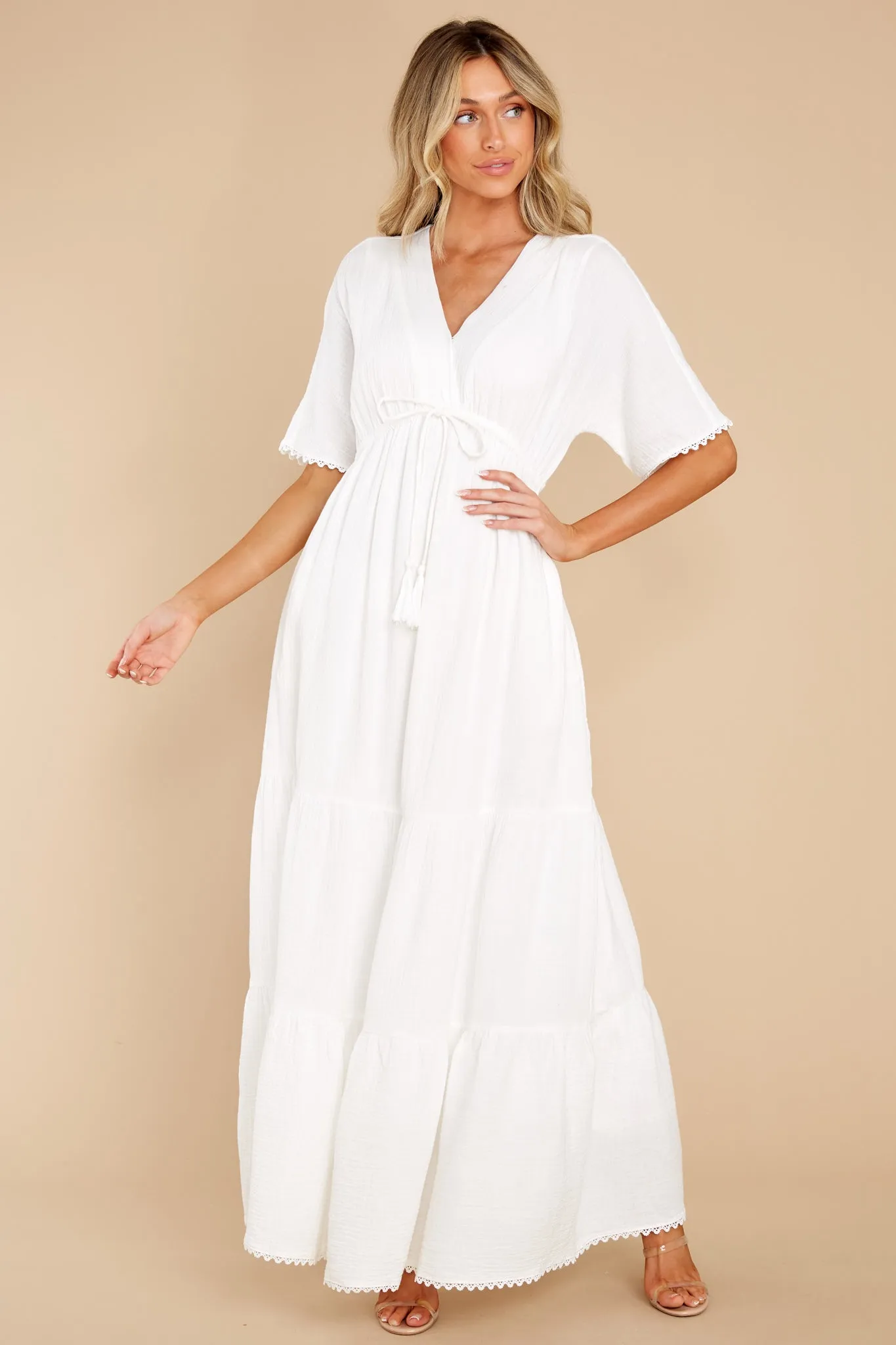 Emilia White Kimono Sleeve Maxi Tiered Dress