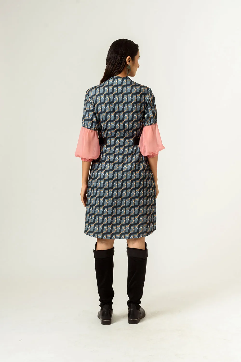 Ennui Print Balloon Sleeves Fitted Dress