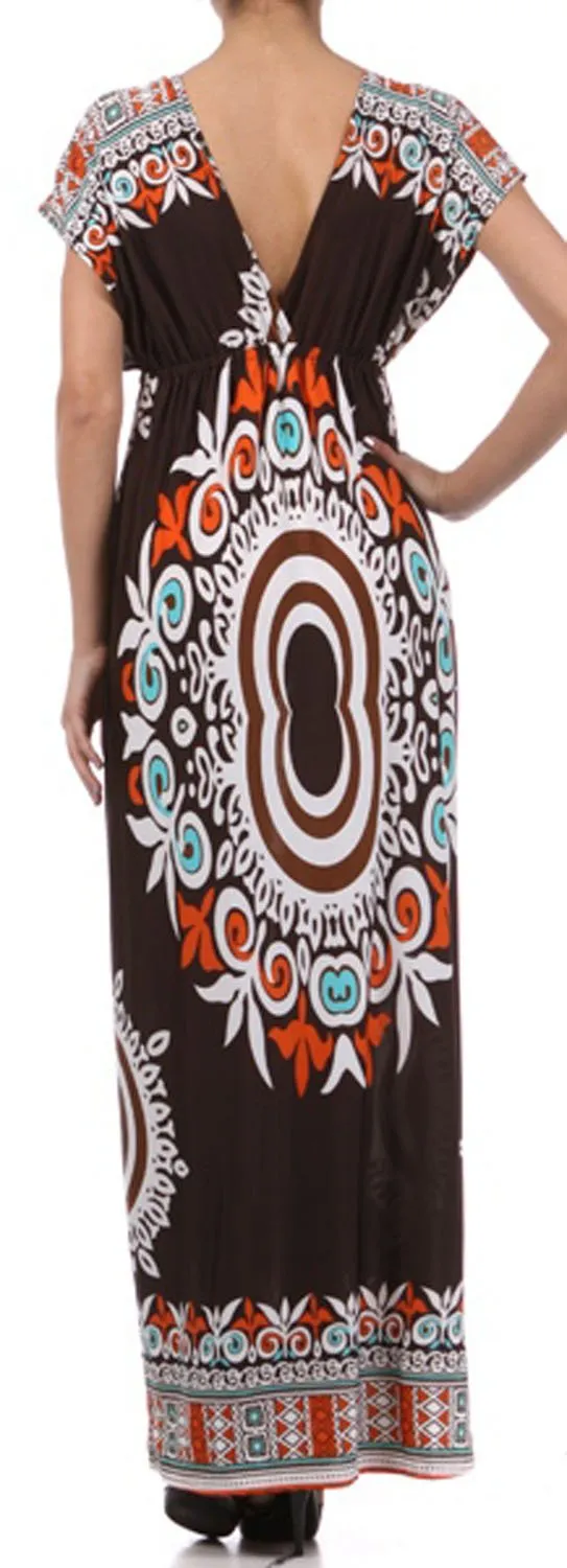 Ethnic Tribal Print V-Neck Cap Sleeve Empire Waist Long / Maxi Dress