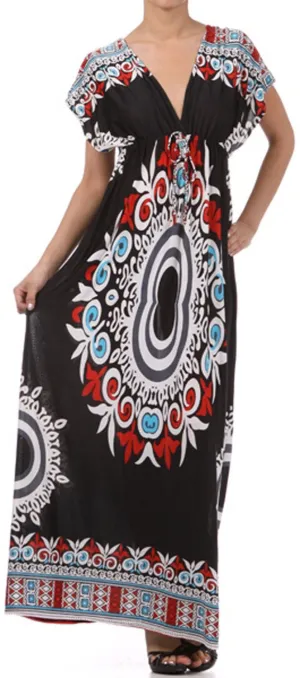 Ethnic Tribal Print V-Neck Cap Sleeve Empire Waist Long / Maxi Dress