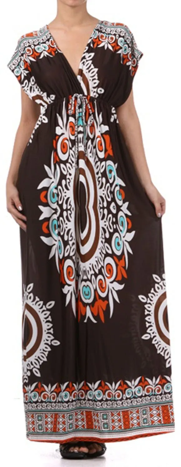 Ethnic Tribal Print V-Neck Cap Sleeve Empire Waist Long / Maxi Dress