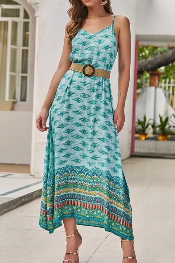 Ethnic V Neck Sleeveless Maxi Dress