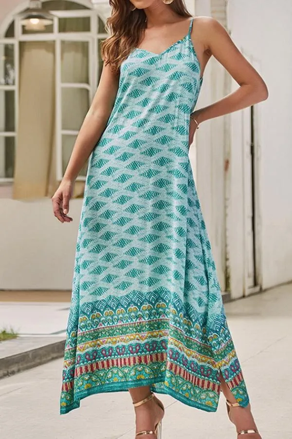 Ethnic V Neck Sleeveless Maxi Dress