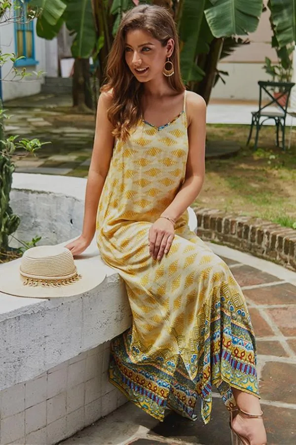 Ethnic V Neck Sleeveless Maxi Dress