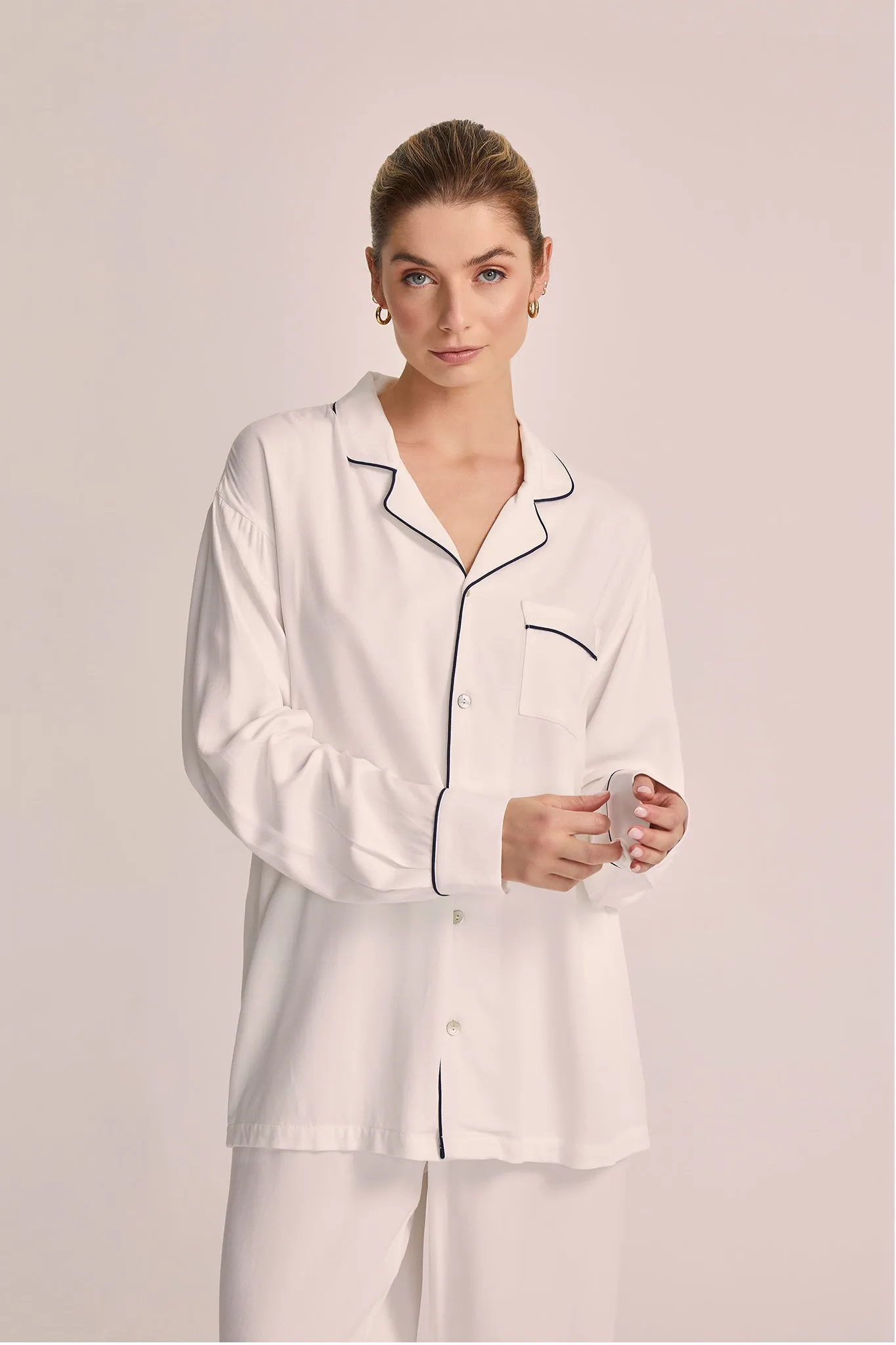 Eva Lounge Tencel™ Pyjama Set - White with Black Piping