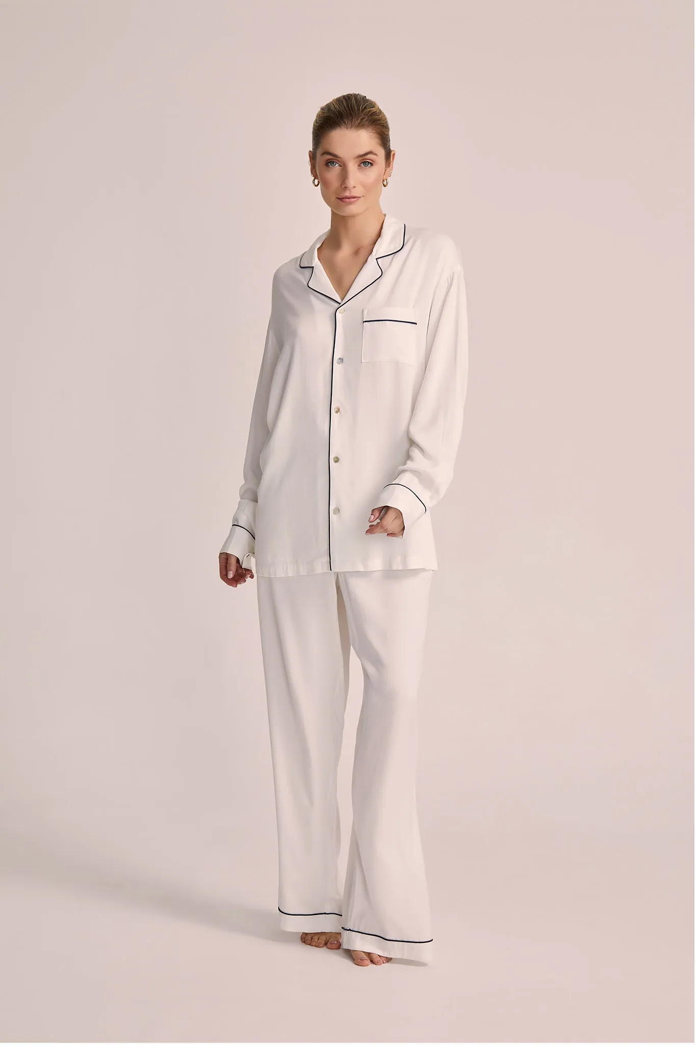 Eva Lounge Tencel™ Pyjama Set - White with Black Piping