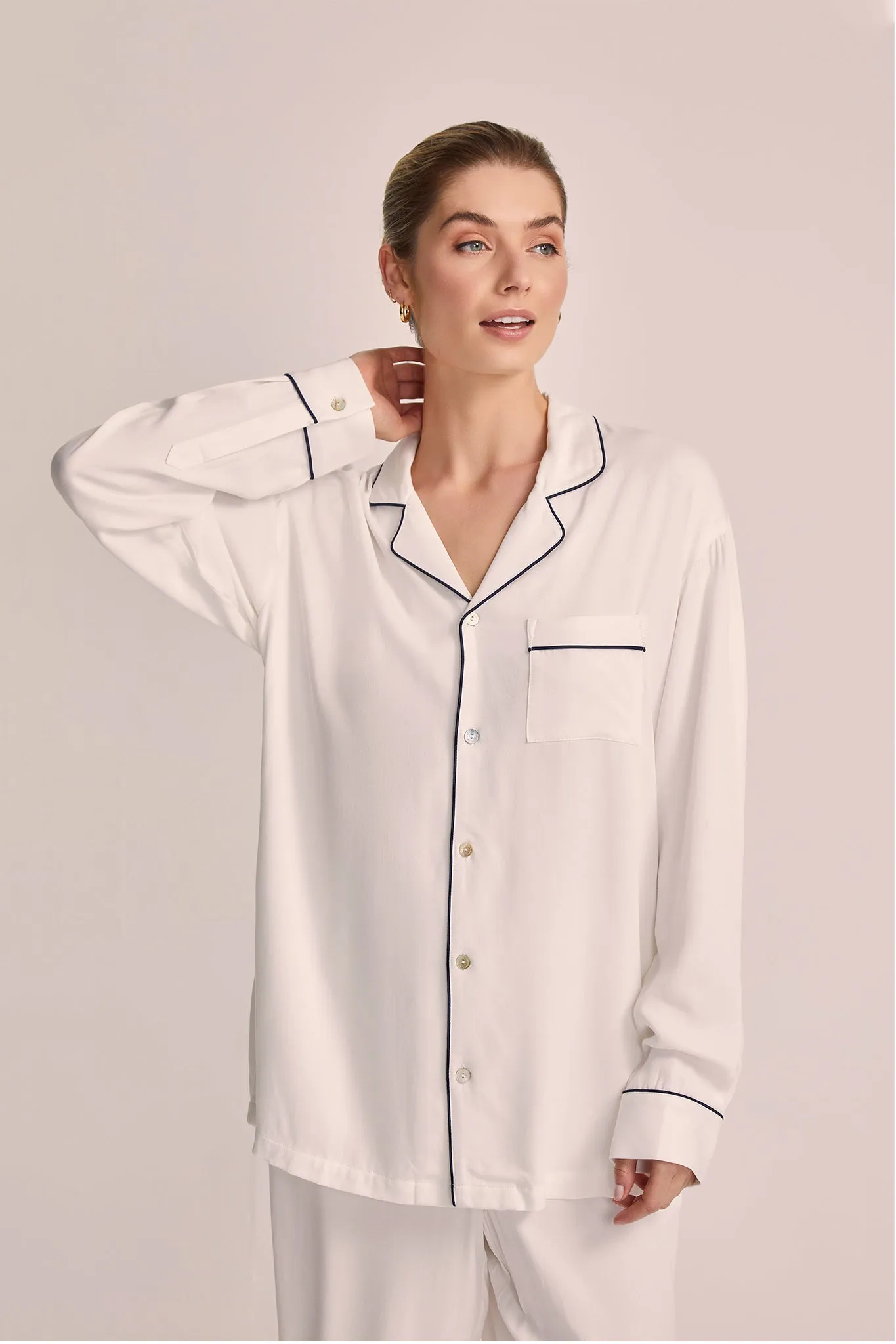 Eva Lounge Tencel™ Pyjama Set - White with Black Piping