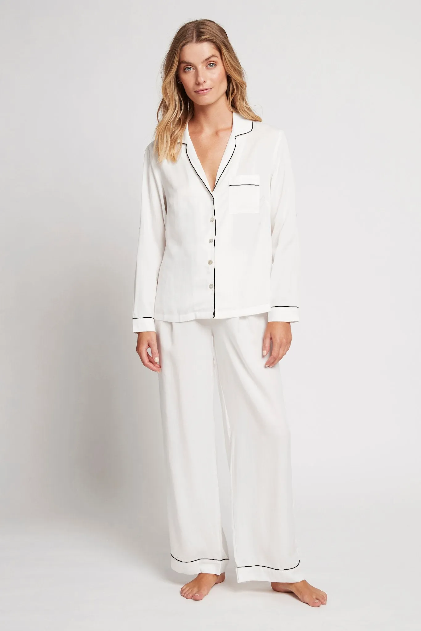 Eva Lounge Tencel™ Pyjama Set - White with Black Piping